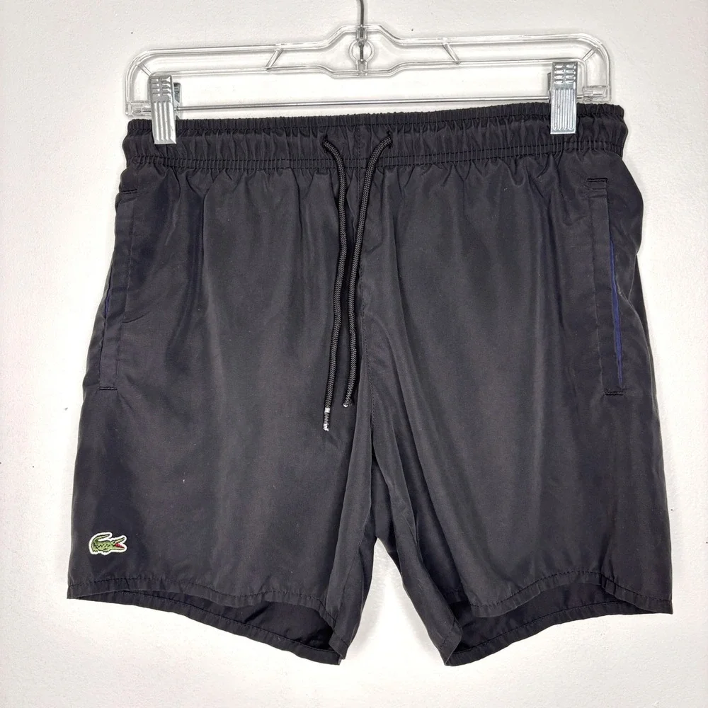 Lacoste Mens Black Swim Trunks Mesh Lined Logo Board Shorts Small 5 Inch Inseam